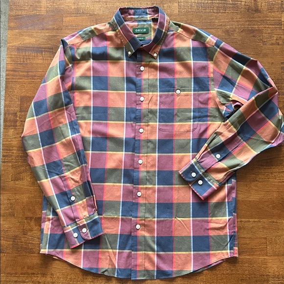 Orvis Other - Orvis men’s casual button-down orange blue plaid wrinkle free size L